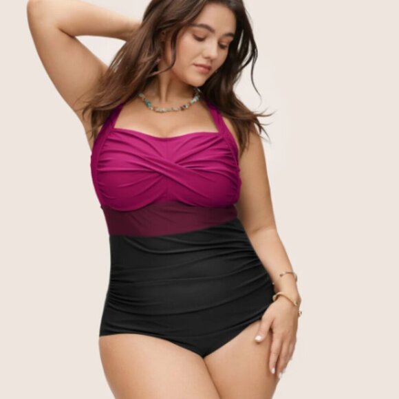 BloomCh Plus Size Contrast Twist Front Skinny One Piece Swimsuit - Picture 1 of 4